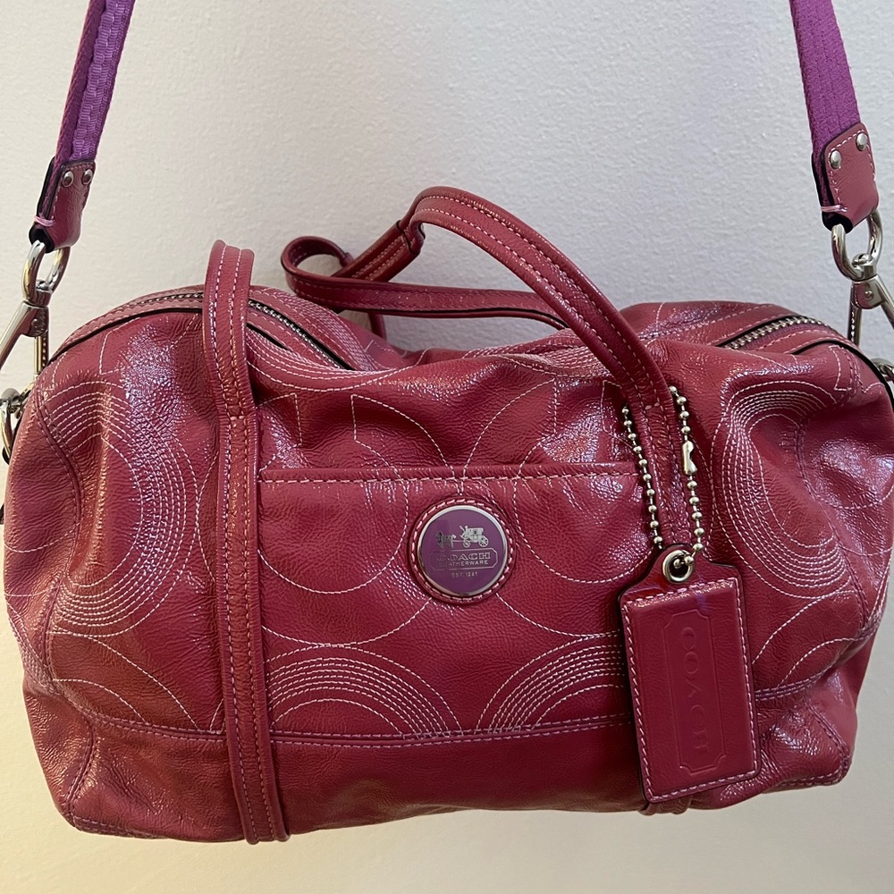 AUTH Coach Alex Stitched Patent Leather Satchel Bag, Berry, 2009, RARE!